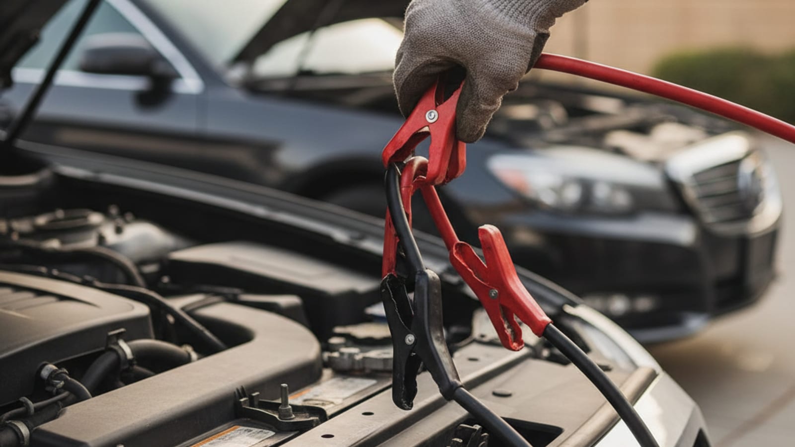 Close-up of a hand connecting a red jumper cable clamp to the positive terminal of a car battery
