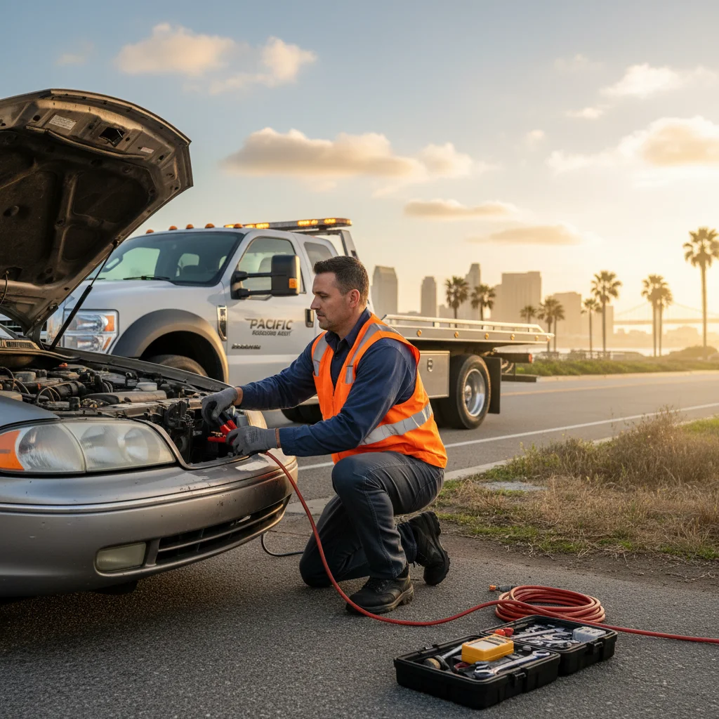 A roadside technician connecting jumper cables to a stalled car on a Poway street at dusk.
