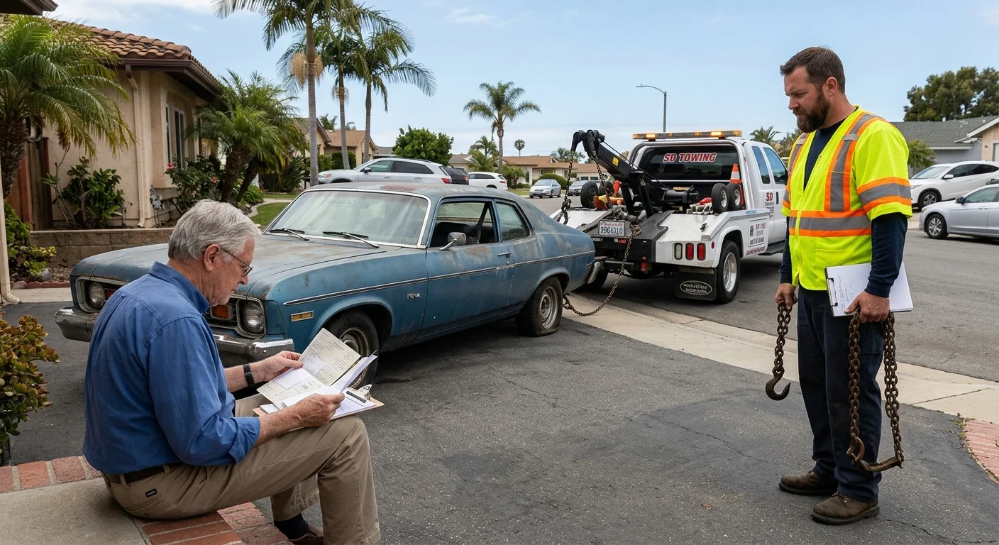 Older non-running car in San Diego as the owner reviews ownership records