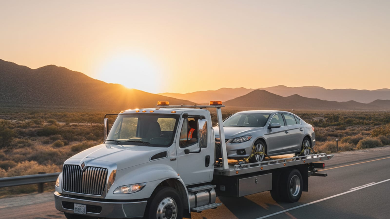 Flatbed tow truck loaded with a vehicle on a California highway at sunrise heading out of San Diego