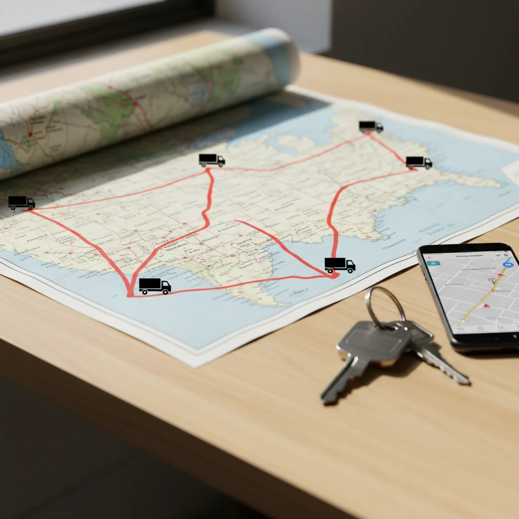 A map of the southwestern US with route lines from San Diego to Phoenix, Las Vegas, and LA overlaid on a clean desk with truck keys, photorealistic