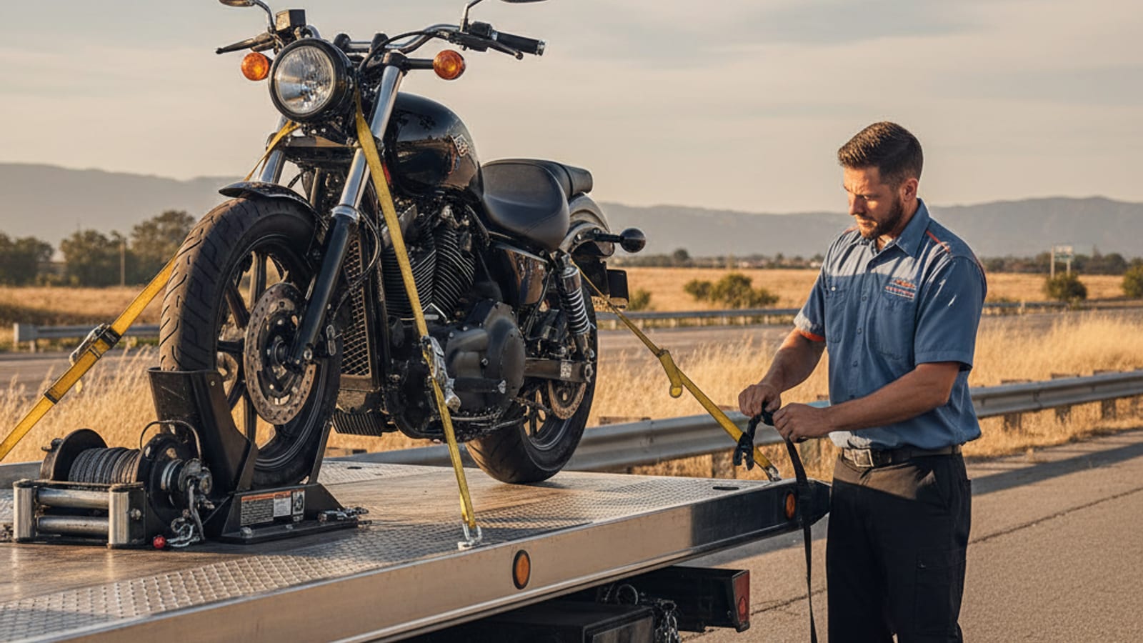 Cruiser motorcycle secured on a low-deck flatbed tow truck with soft tie-down straps