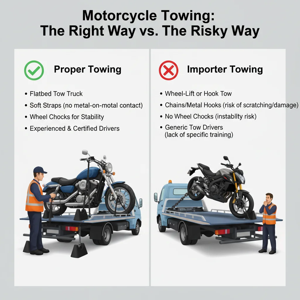 Infographic detailing the differences between proper soft-strap flatbed motorcycle towing and improper wheel-lift chain towing, highlighting risks and benefits.