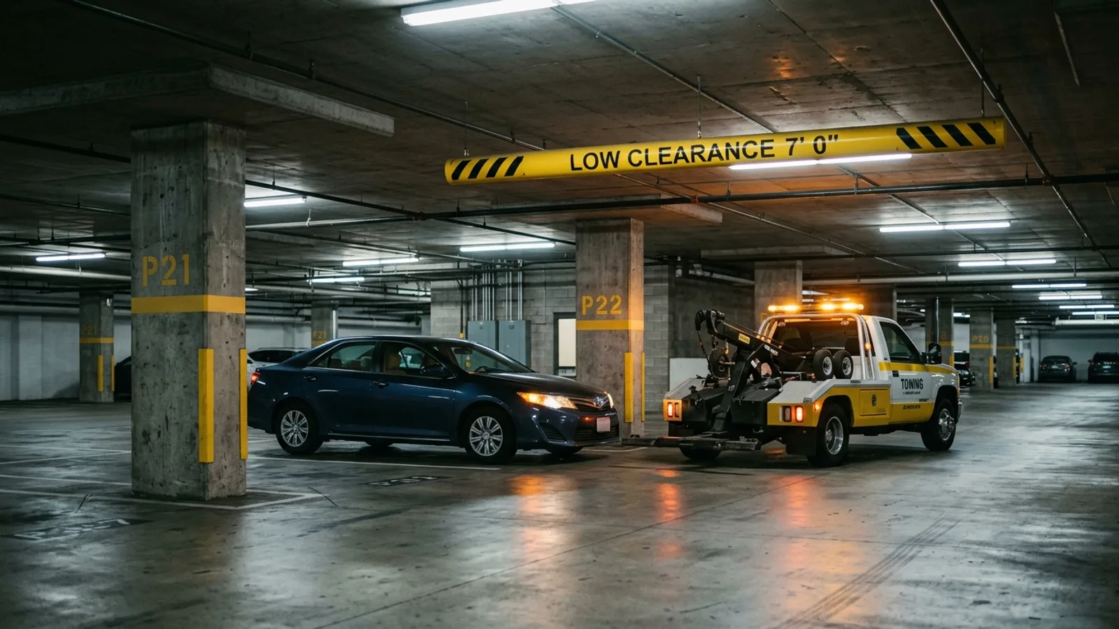 A wheel-lift tow truck positioned next to a stalled sedan under a low-clearance height bar in a San Diego underground parking garage.