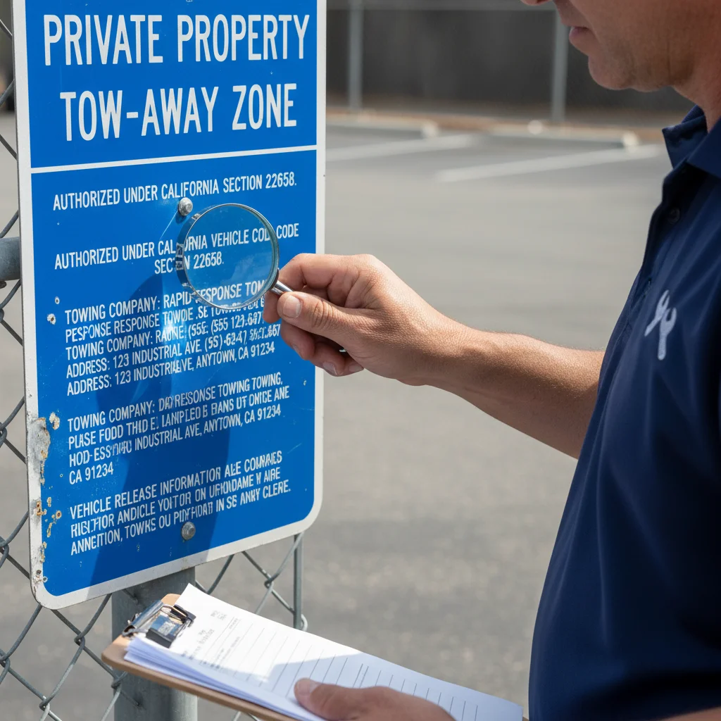 Close-up of fine print on a private property tow sign showing required statute language and tow company contact info