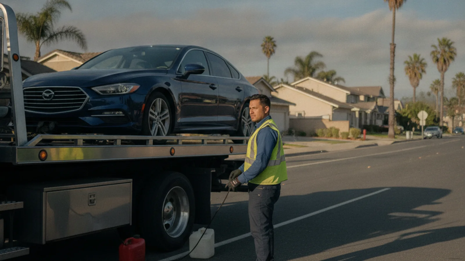 A driver standing beside a sedan stopped on the shoulder of a San Diego road with the hazard lights on, holding a phone.
