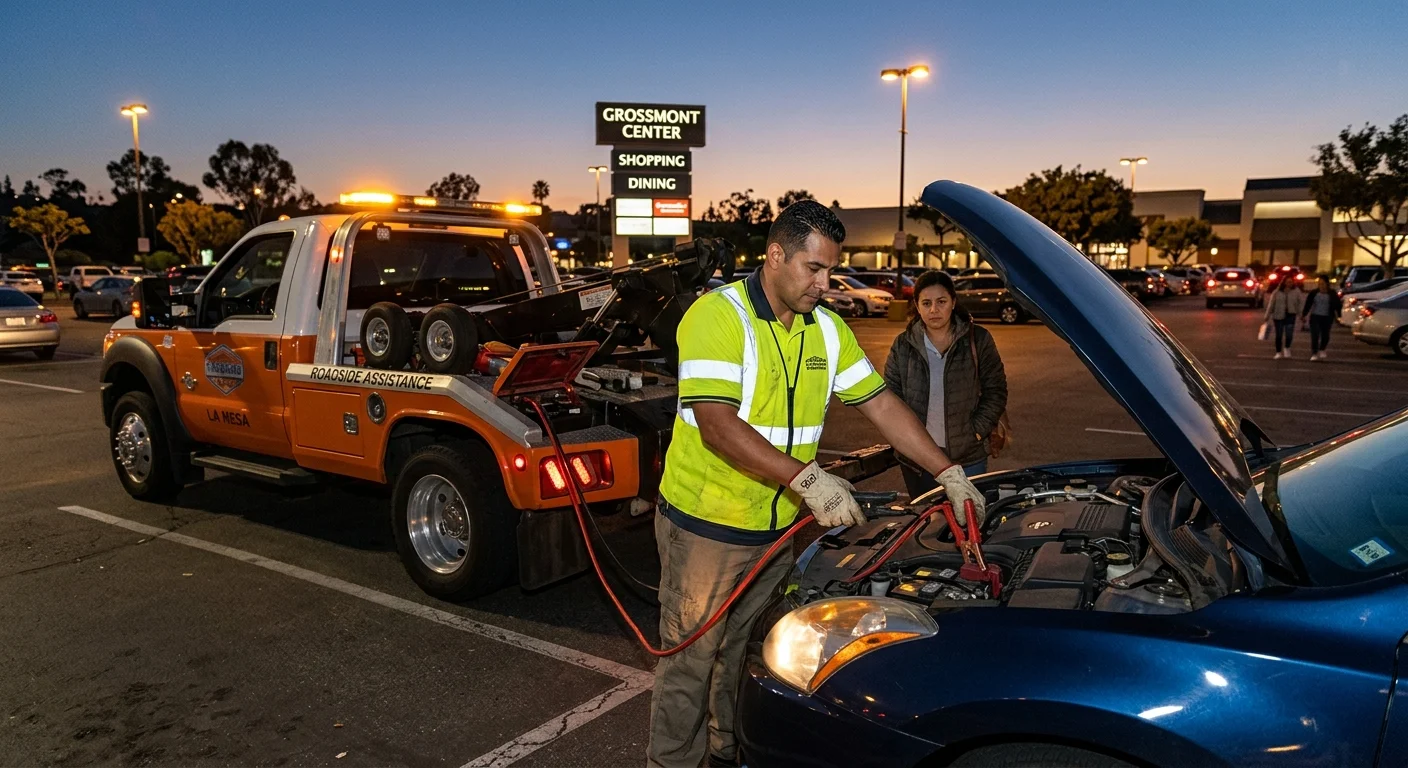 A Quick Tow service truck jump-starting a sedan in the Grossmont Center parking lot at dusk.