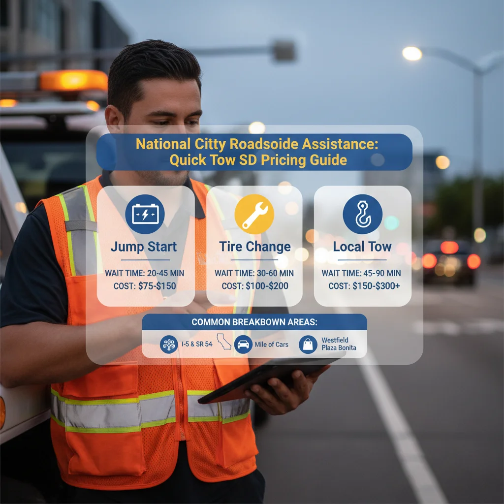 Infographic showing average wait times and costs for roadside assistance services like jump starts, tire changes, and towing in National City, CA, highlighting key breakdown areas.