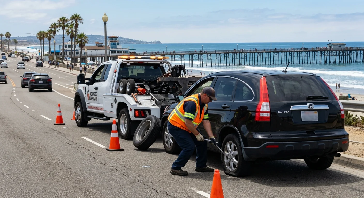Roadside assistance technician helping a stranded driver on a San Diego County shoulder