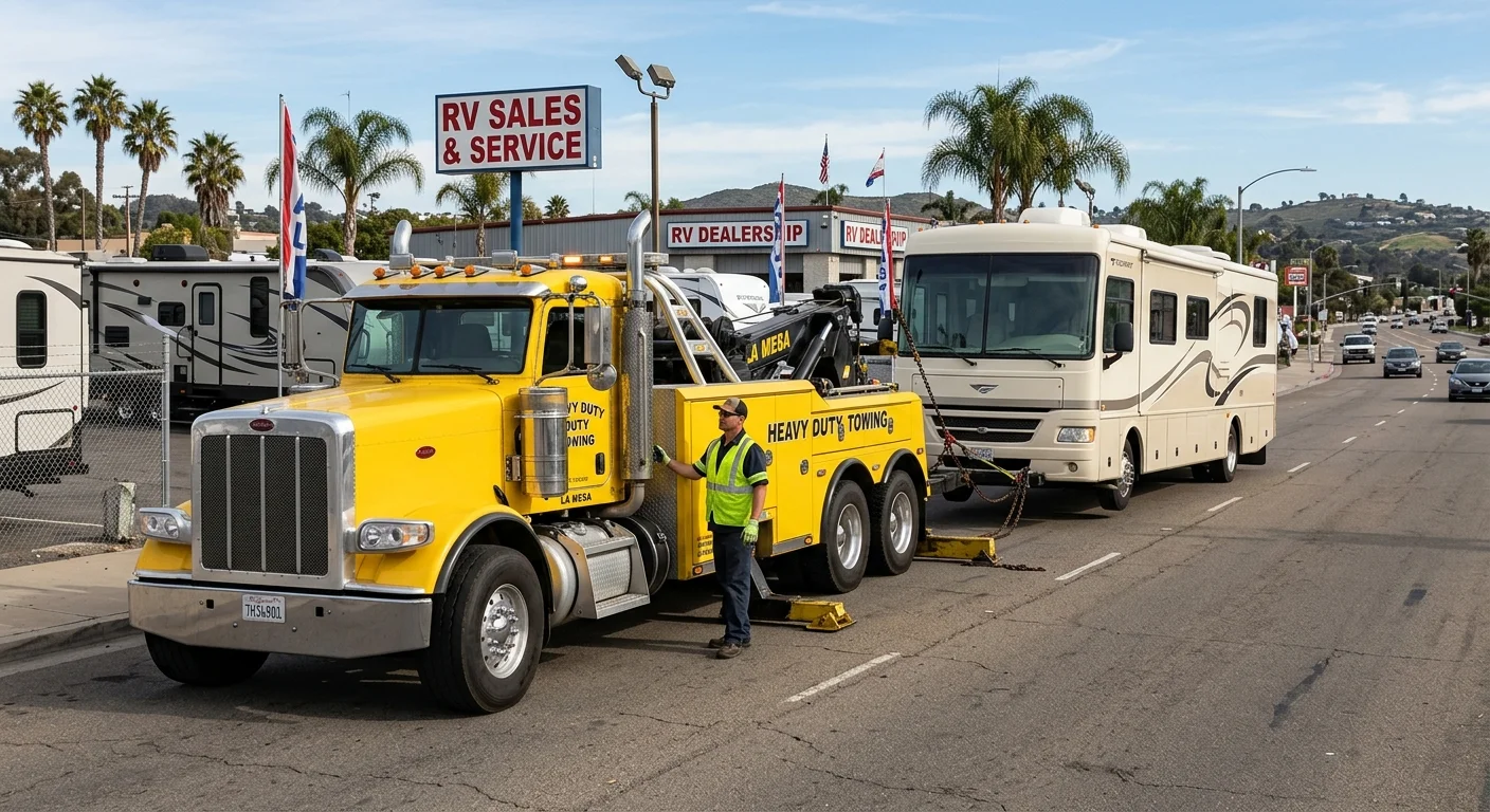 A heavy-duty tow truck carefully maneuvering a large Class A motorhome out of the parking lot of a generic RV dealership that looks like La Mesa, CA.