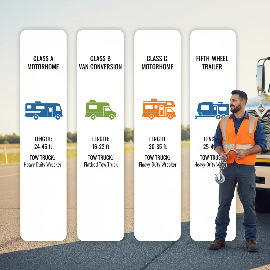 A graphic illustrating the different classes of RVs (Class A, B, C, fifth wheel) and the appropriate type of heavy-duty tow truck recommended for each.