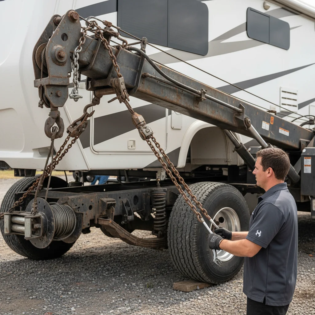 Close-up of a heavy-duty integrated tow truck boom rigged to an RV chassis, professional equipment detail