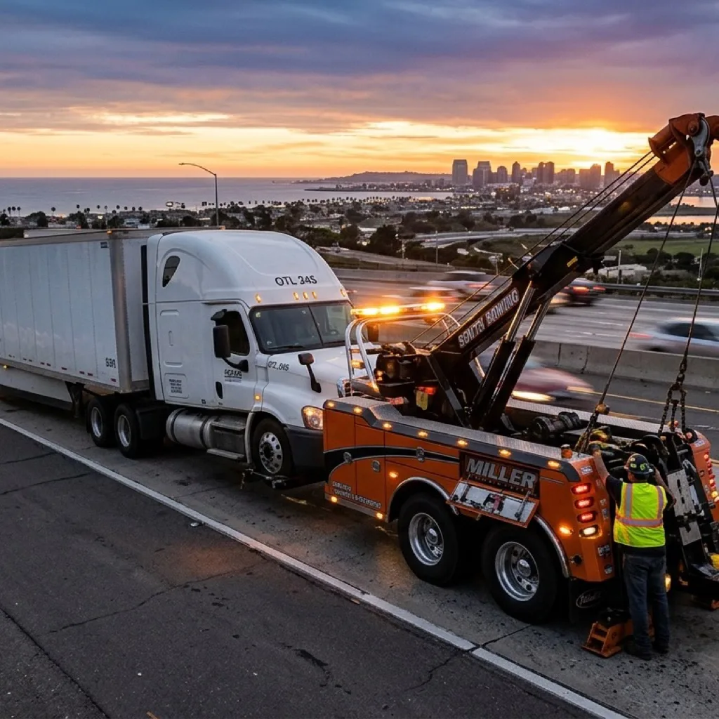 Heavy-duty wrecker loading a semi truck on a San Diego freeway shoulder with an itemized invoice in the foreground.