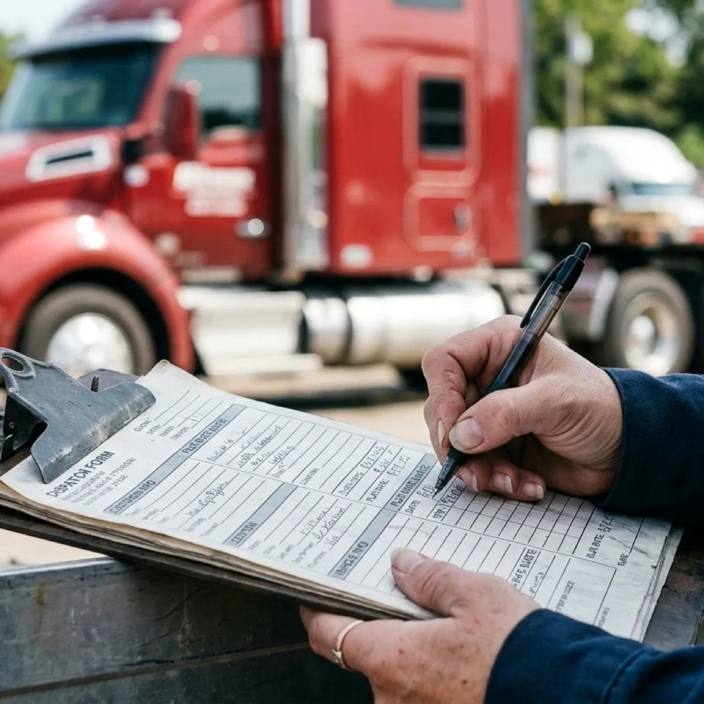 Dispatcher writing a flat-rate heavy-duty towing quote on a clipboard next to a Class 8 tractor-trailer.
