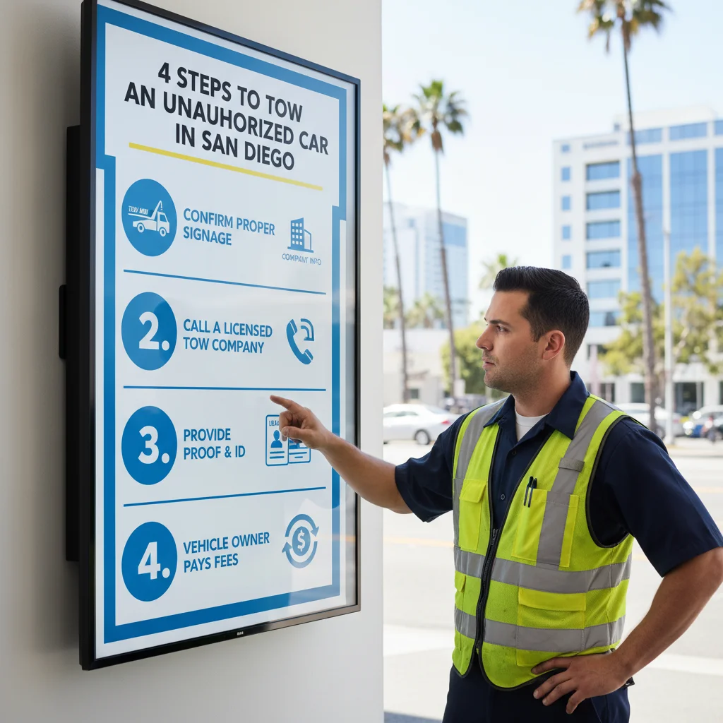 An infographic outlining the four key steps to legally tow an unauthorized car from private property in San Diego, including proper signage, who to call, required information, and payment responsibility.