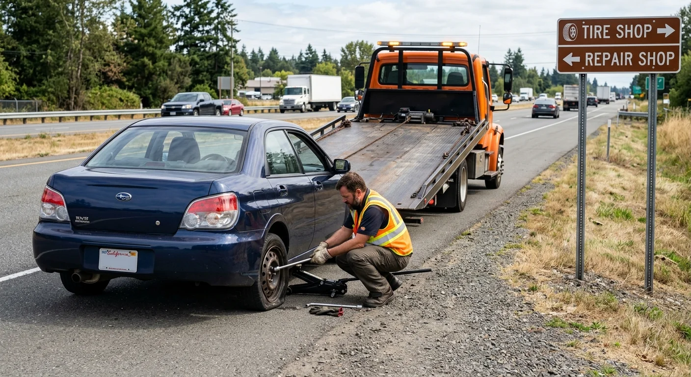 Disabled car with wheel trouble beside an unbranded flatbed, with signs toward a tire shop and a repair shop