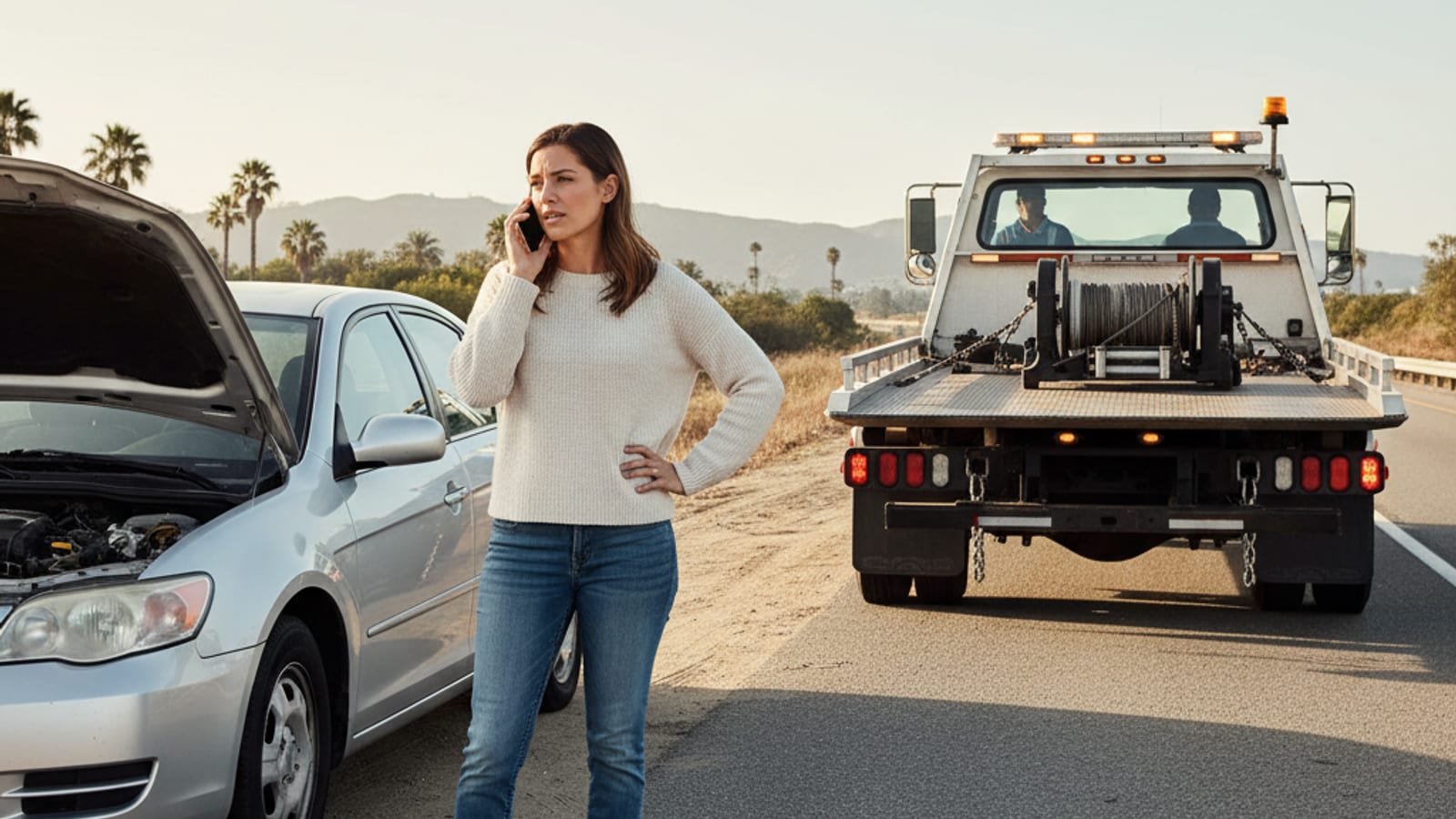 Driver on a phone call beside a disabled car on a San Diego shoulder with a tow truck approaching in the distance