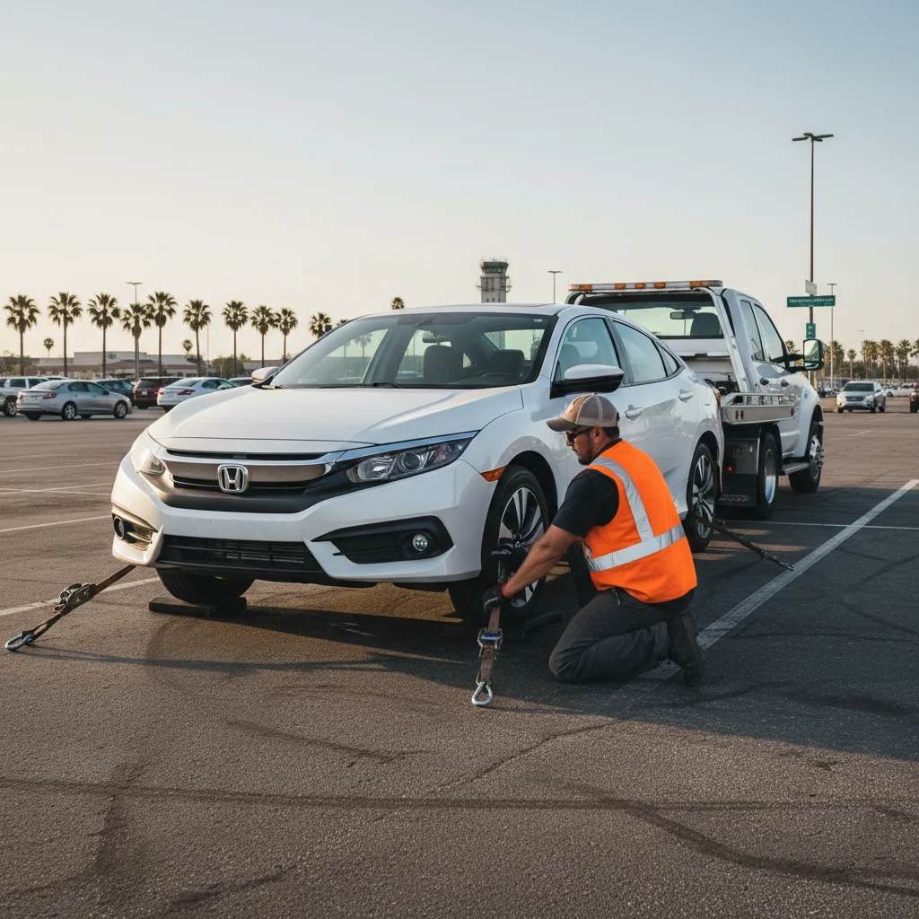 A professional tow operator securing a sedan onto a flatbed truck in a Carlsbad parking lot near Palomar Airport Road.