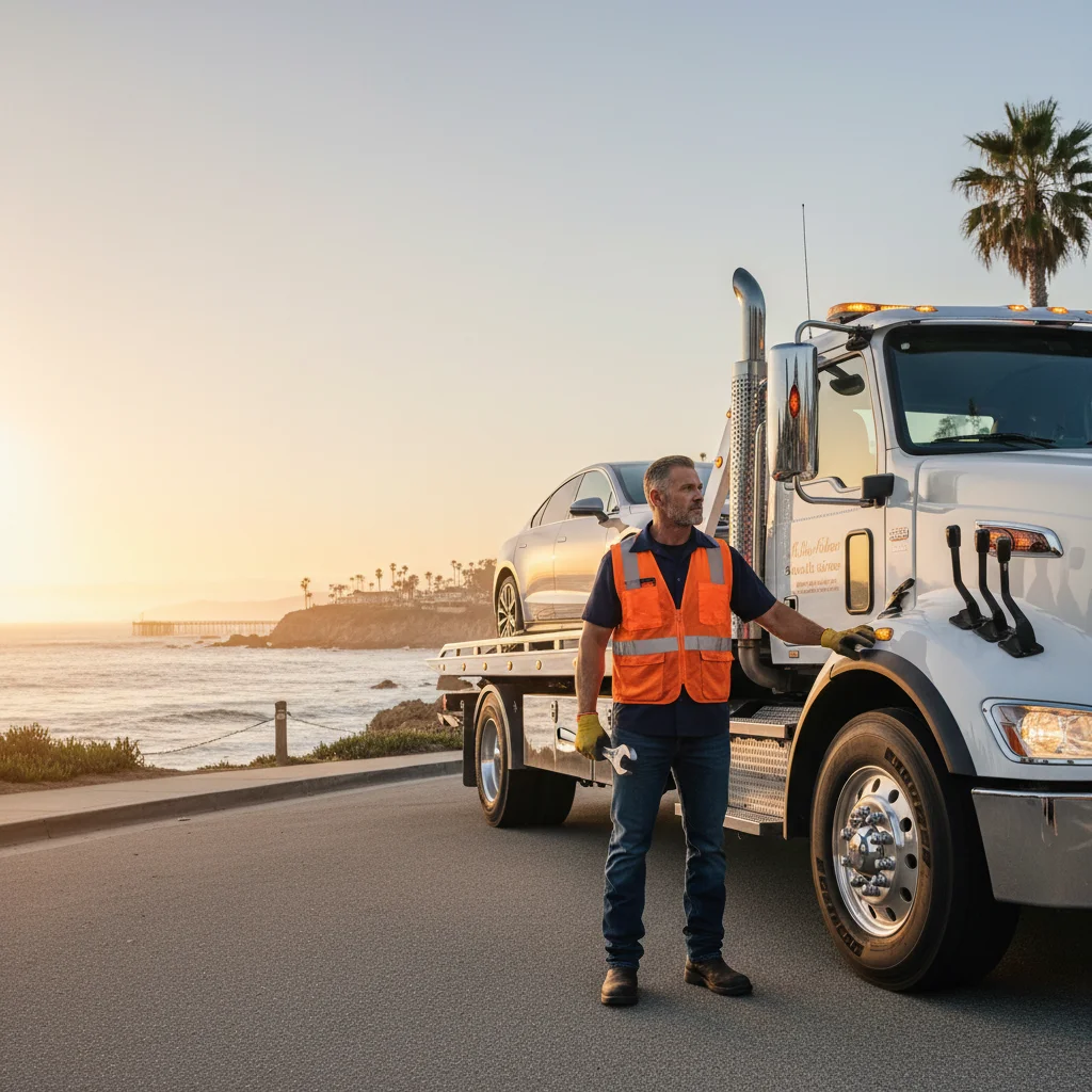 Flatbed tow truck assisting a broken-down sedan on La Jolla Shores Drive near Scripps Pier in San Diego
