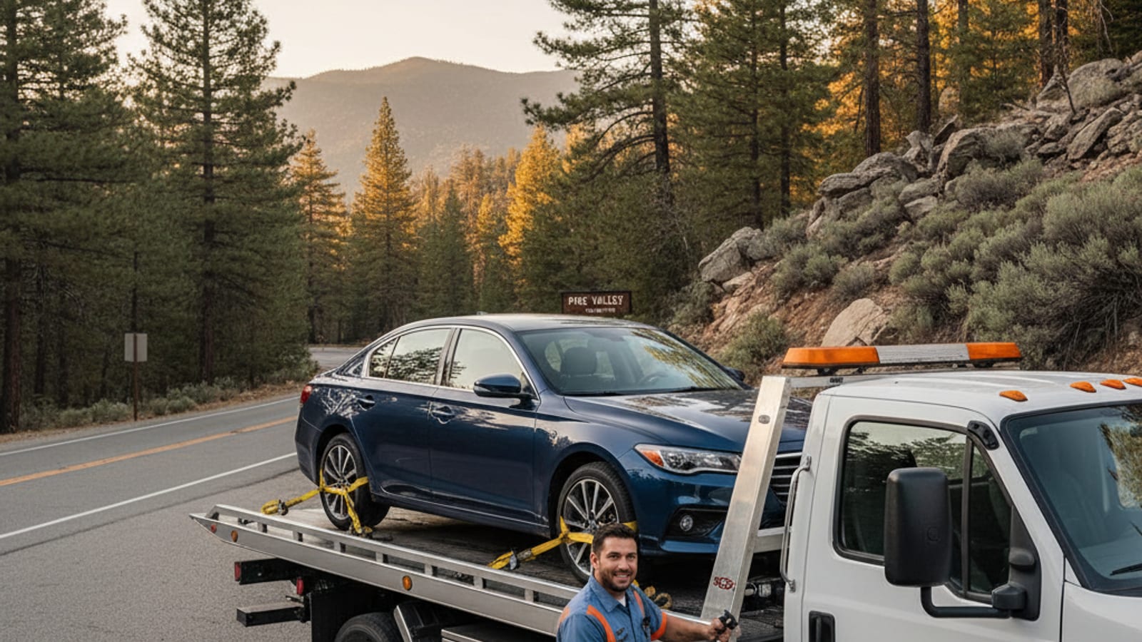 A Quick Tow SD flatbed tow truck carefully loading a disabled sedan on the shoulder of Interstate 8 near the Pine Valley Bridge, with the mountainous landscape of Pine Valley, San Diego County, in the background.