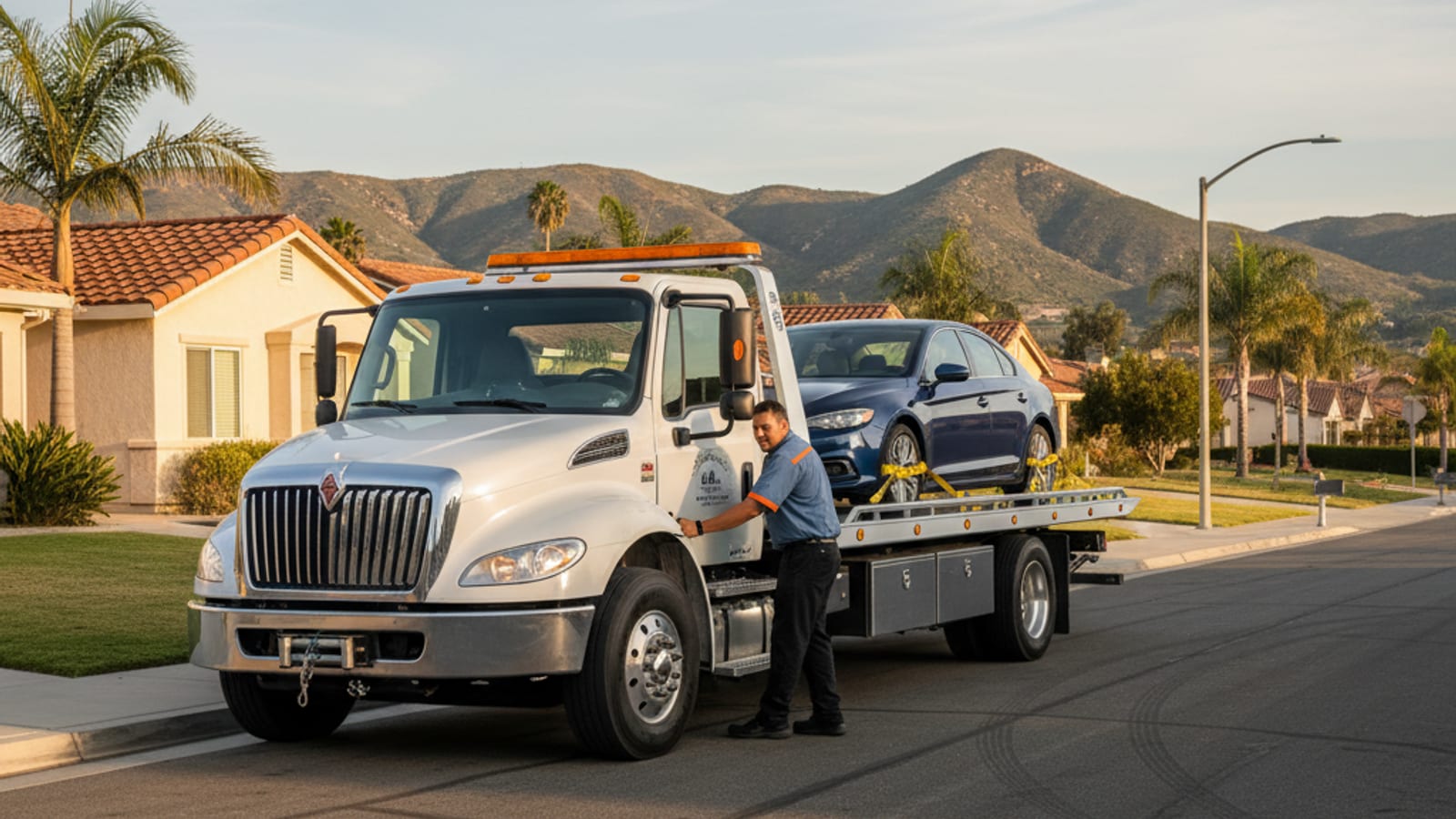 Flatbed tow truck loading a disabled sedan near Santee Lakes, with local Santee scenery in the background on a clear San Diego day.