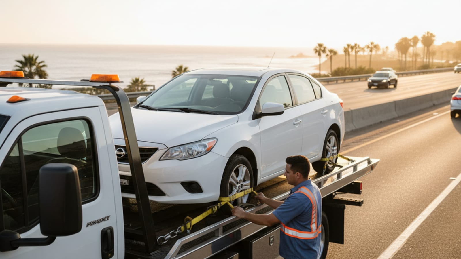 Driver on a San Diego shoulder comparing tow company options on a phone next to a disabled car