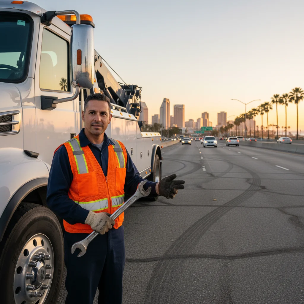 Quick Tow SD flatbed tow truck loading a silver sedan on the shoulder of I-5 in San Diego at dusk, hazard lights flashing.