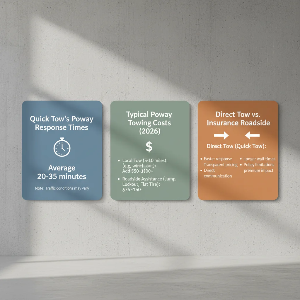 Infographic showing Quick Tow's average response times to Poway, common towing scenarios and their typical cost ranges, and a comparison of calling a direct towing service versus insurance roadside assistance.