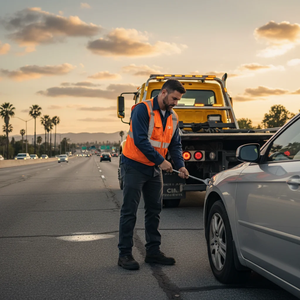 Quick Tow SD flatbed tow truck loading a disabled vehicle on the shoulder of I-805 near Chula Vista with the South Bay landscape in the background
