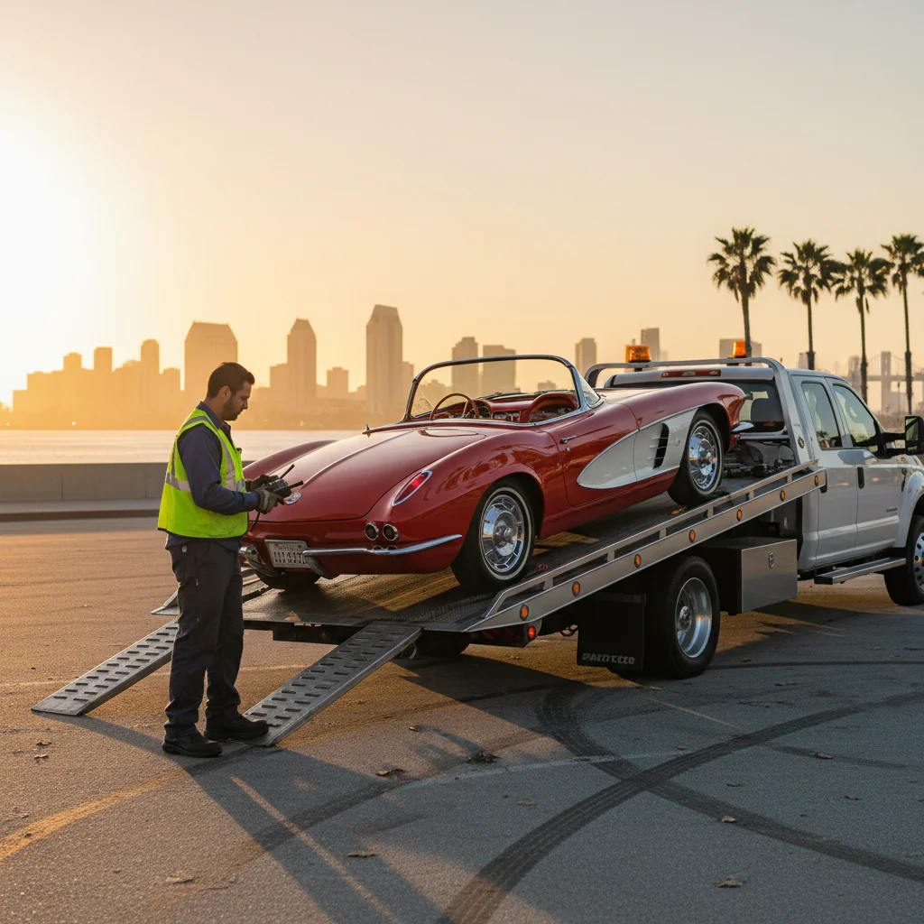 A red classic convertible carefully loaded onto a flatbed tow truck with the San Diego skyline at sunset