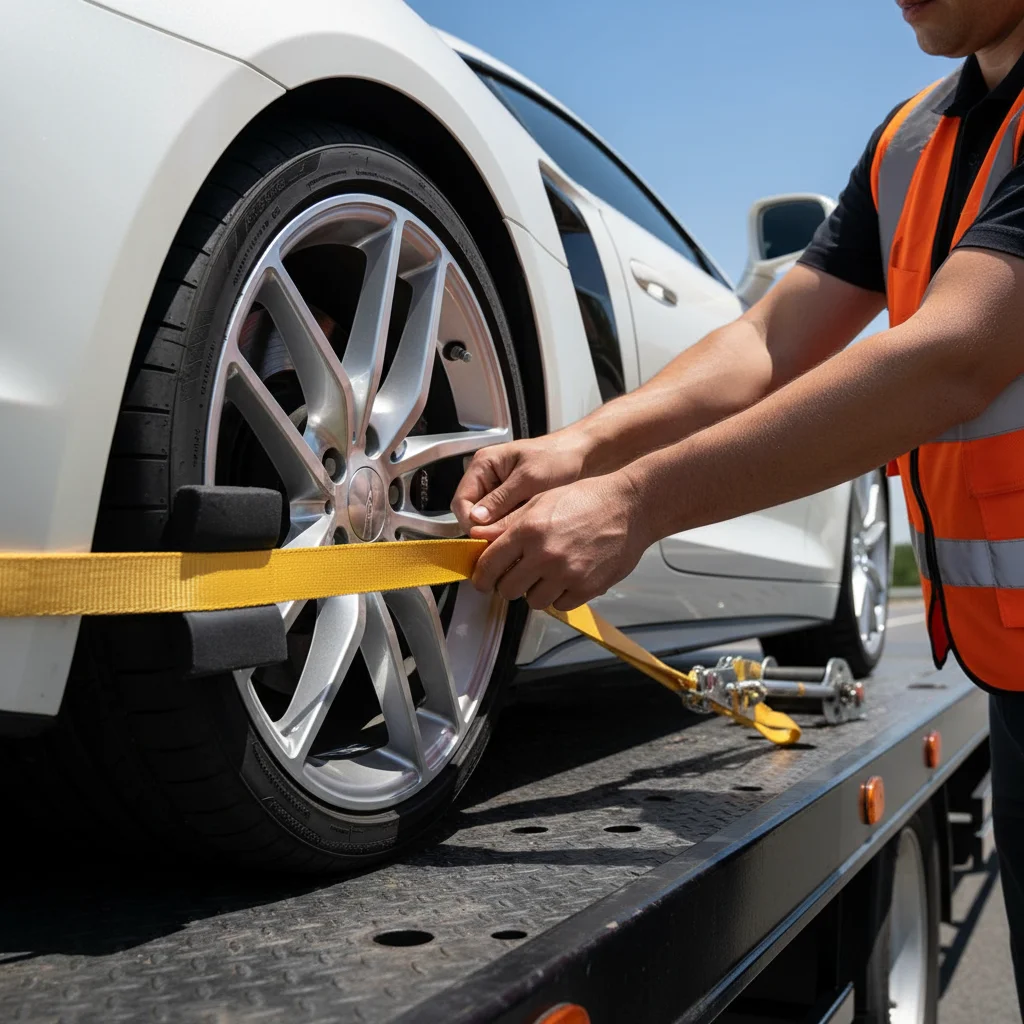 A close-up shot showing the soft, wide straps being secured around the tire of a sports car on a flatbed