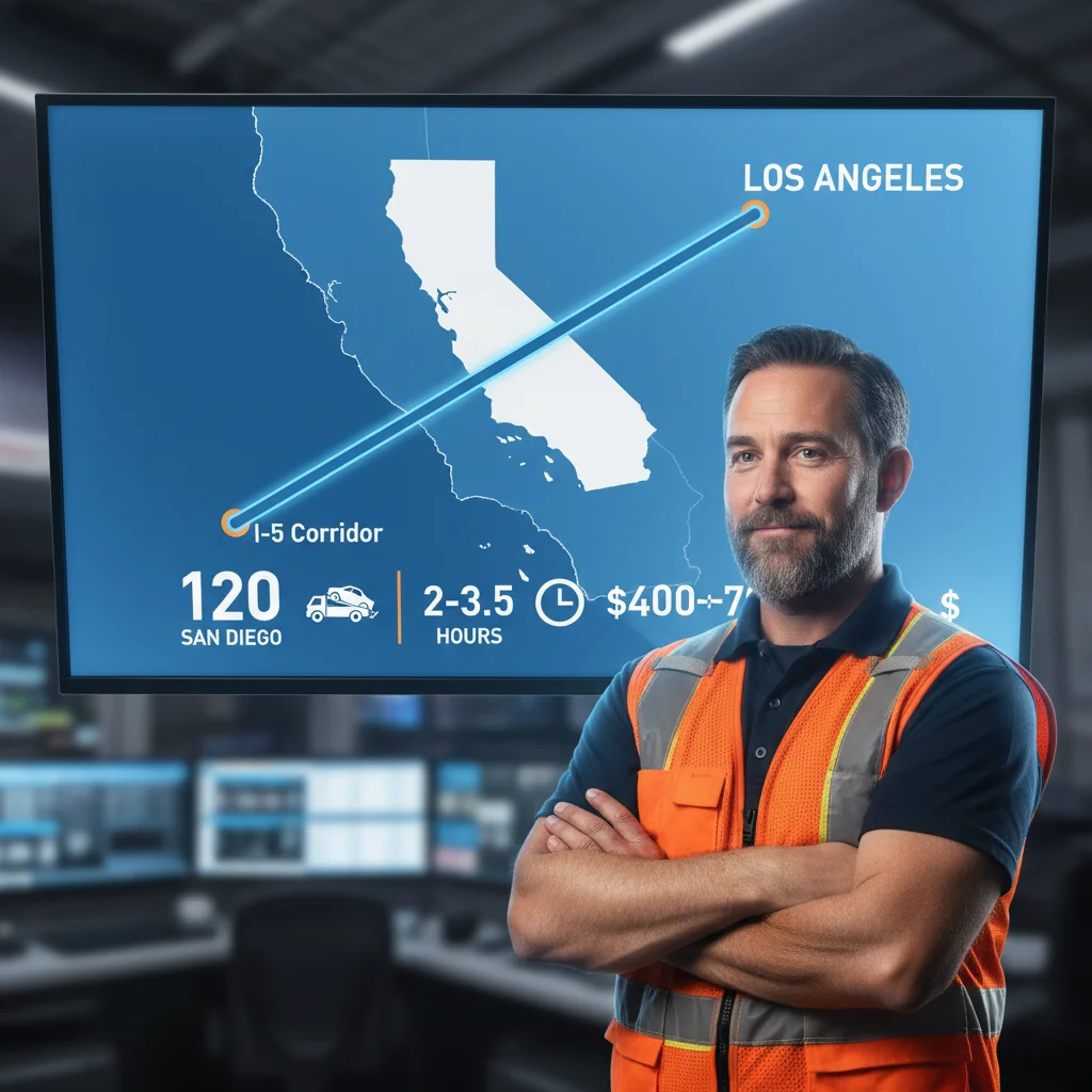 An infographic showing a map from San Diego to Los Angeles, listing the distance, average travel time, and a sample cost breakdown for towing.