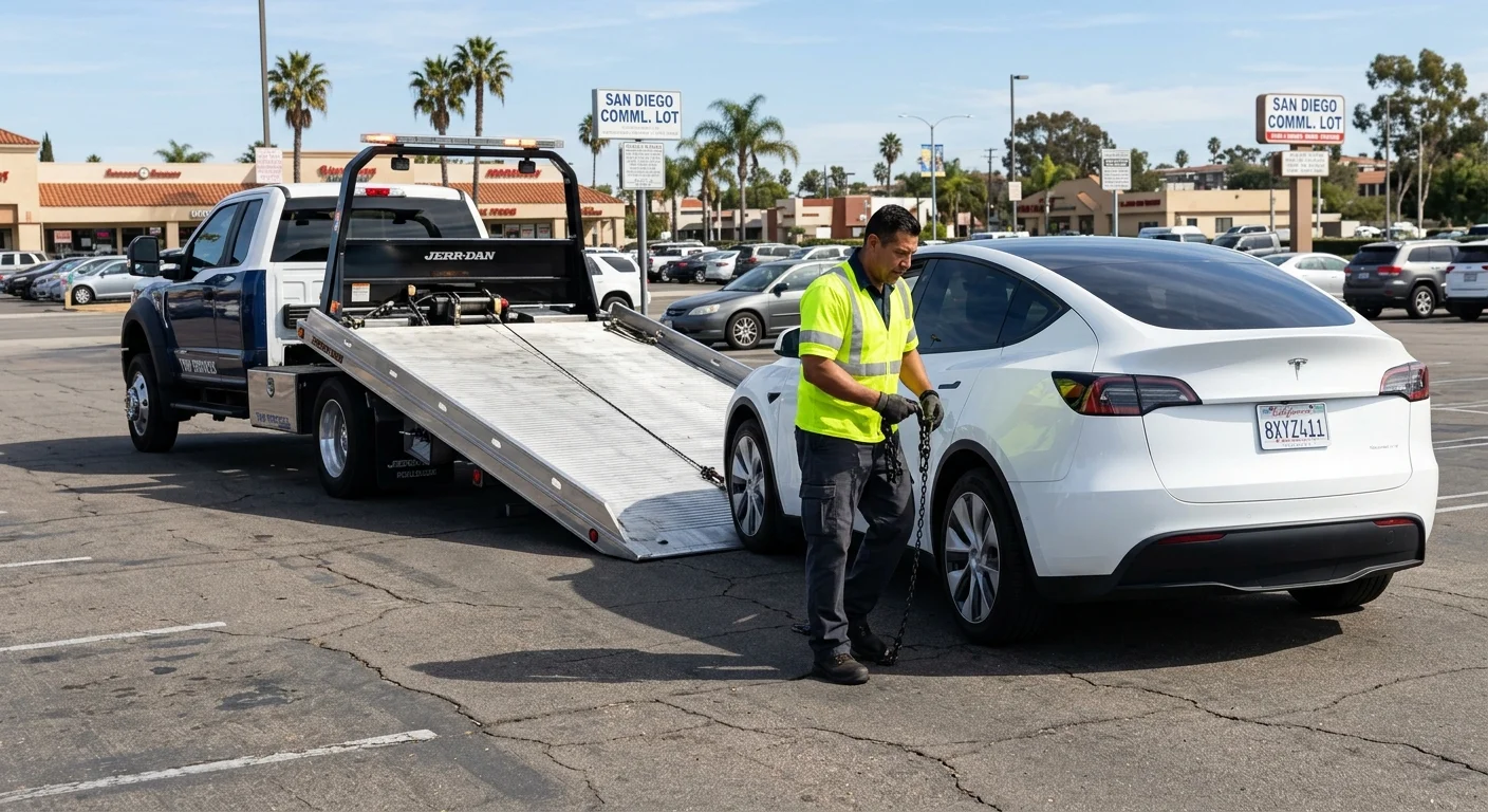 A modern flatbed tow truck with its bed lowered, ready to load a Tesla Model Y in a San Diego commercial parking lot.