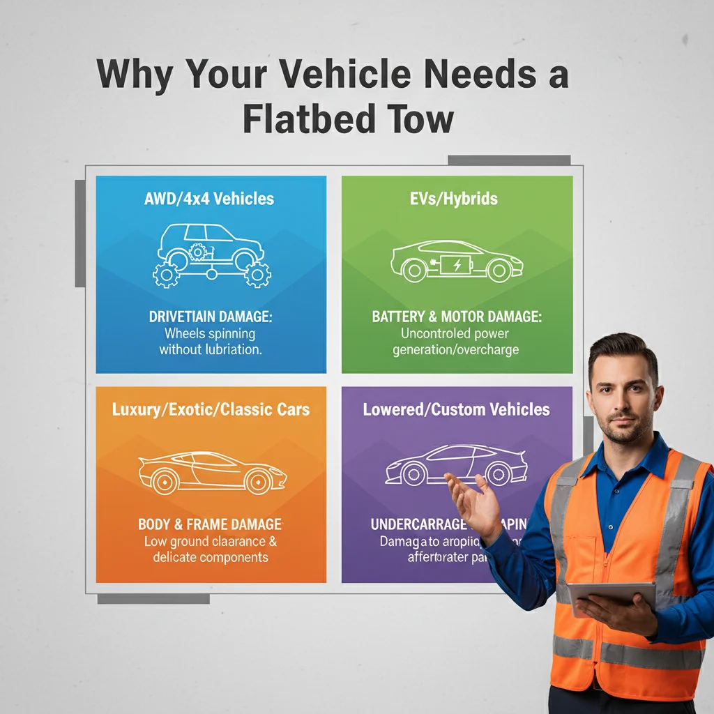 An infographic illustrating various vehicle types (AWD, EV, Luxury, Lowered) and the specific reasons they require flatbed towing, detailing potential damage from wheel-lift methods.