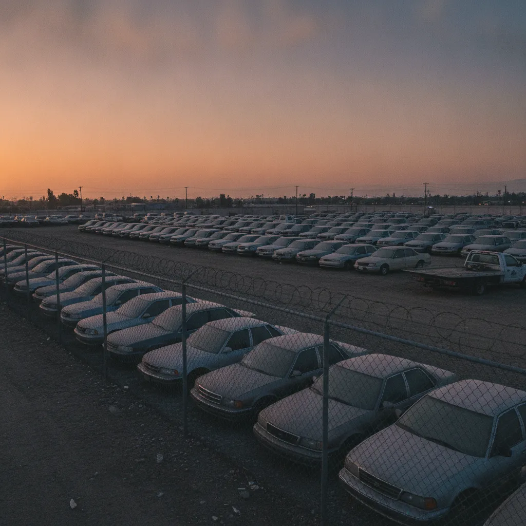 Rows of unclaimed cars behind a chain-link fence at a San Diego tow yard at dusk