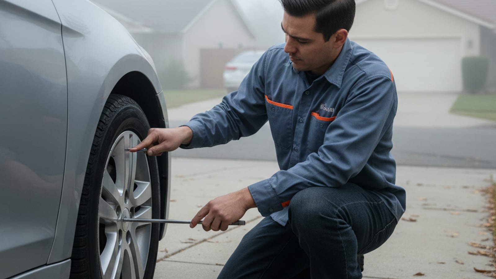 Driver checking tire tread depth with a gauge in a San Diego driveway on a cool winter morning