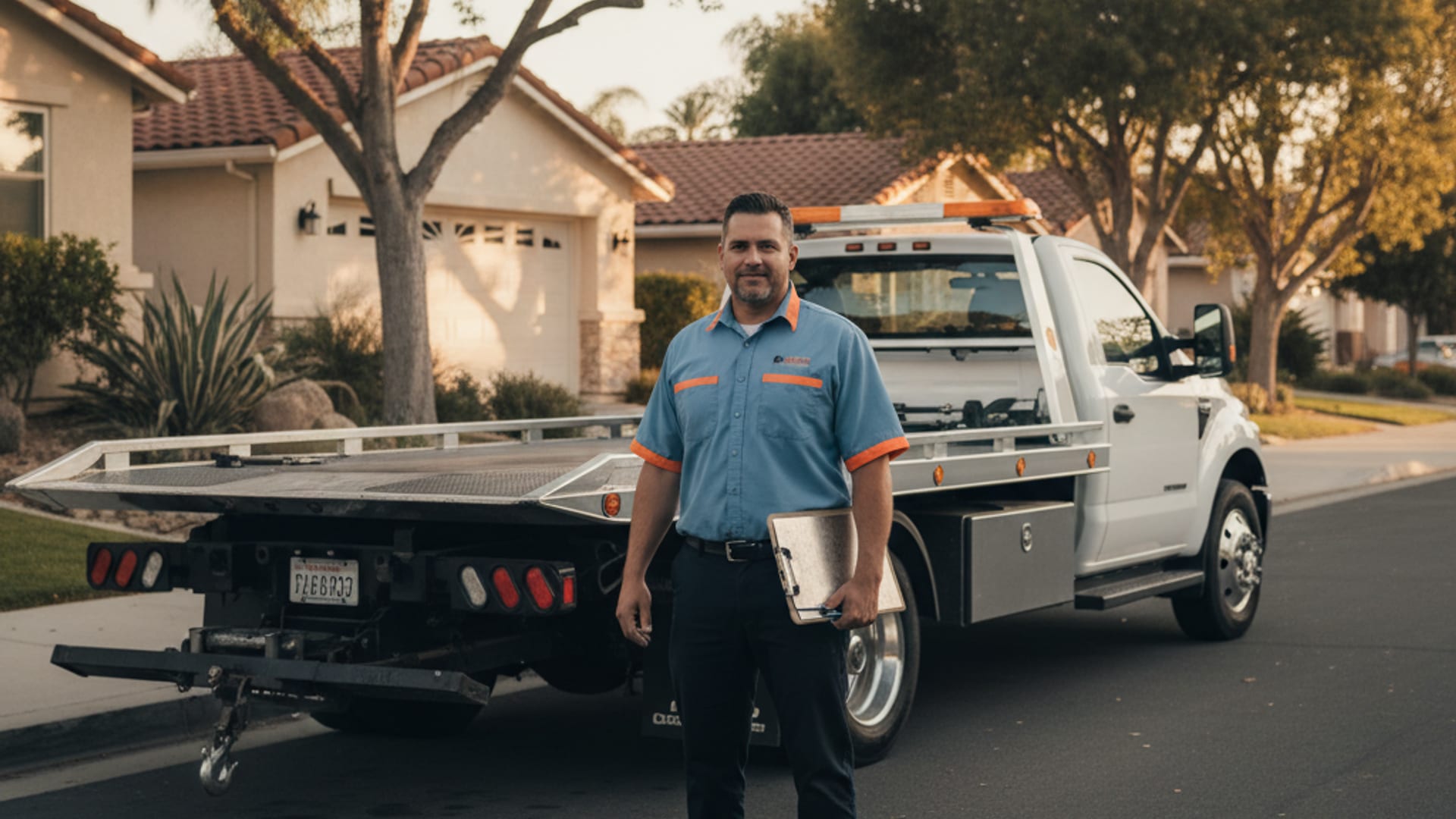 Quick Tow SD driver beside a flatbed rollback at golden hour in a San Diego residential neighborhood