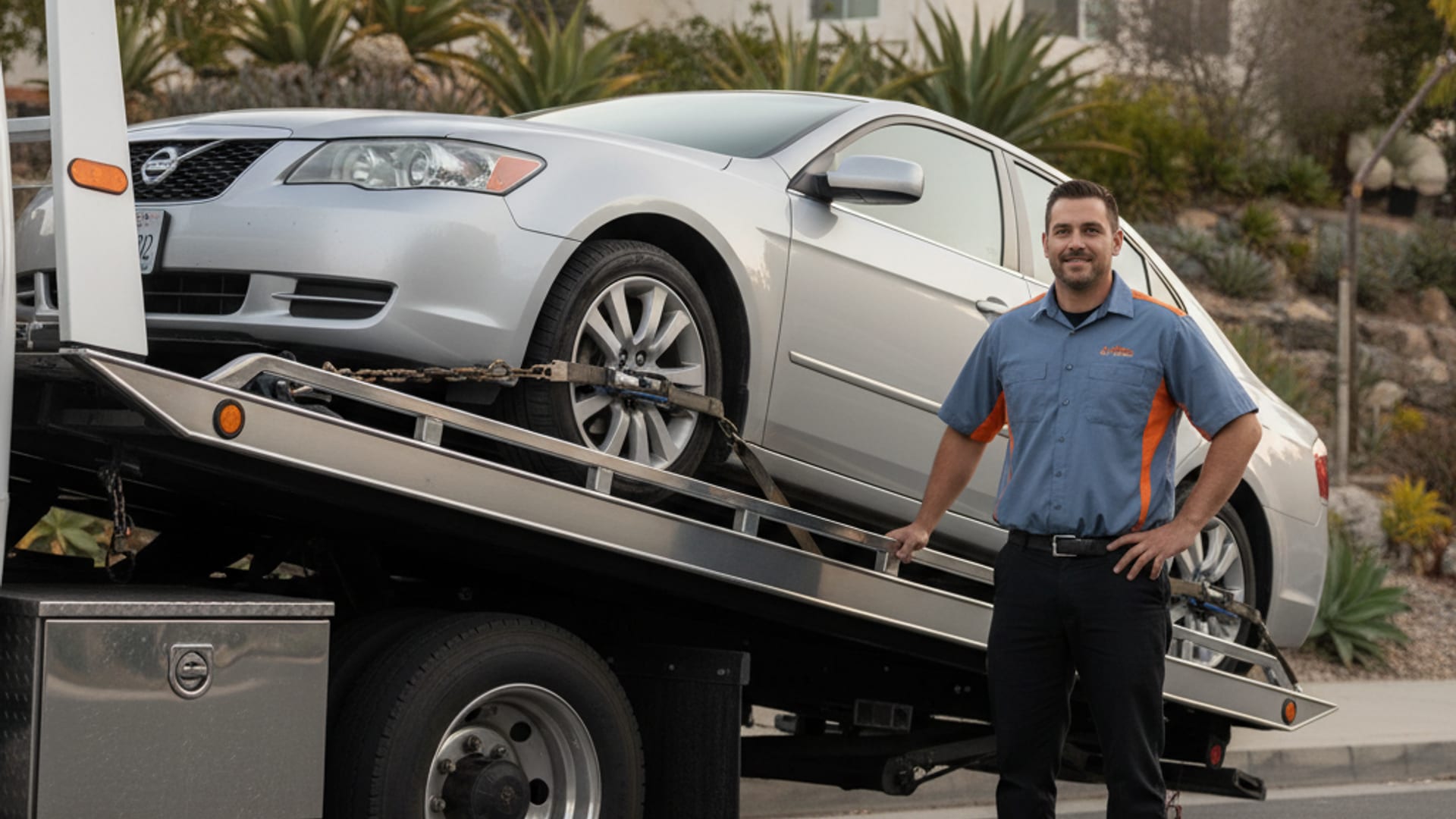 Quick Tow SD flatbed driver loading a disabled vehicle on a San Diego street at golden hour