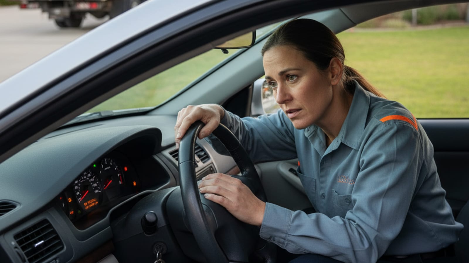 Driver checking dashboard warning lights on a parked car in a San Diego driveway