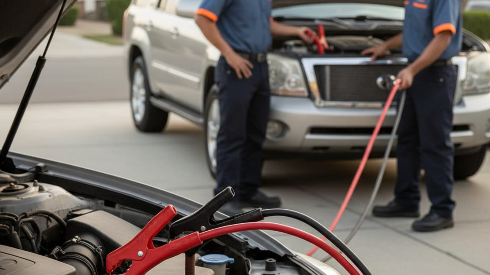 Close-up of jumper cables connected between two car batteries with the donor vehicle running in a San Diego driveway