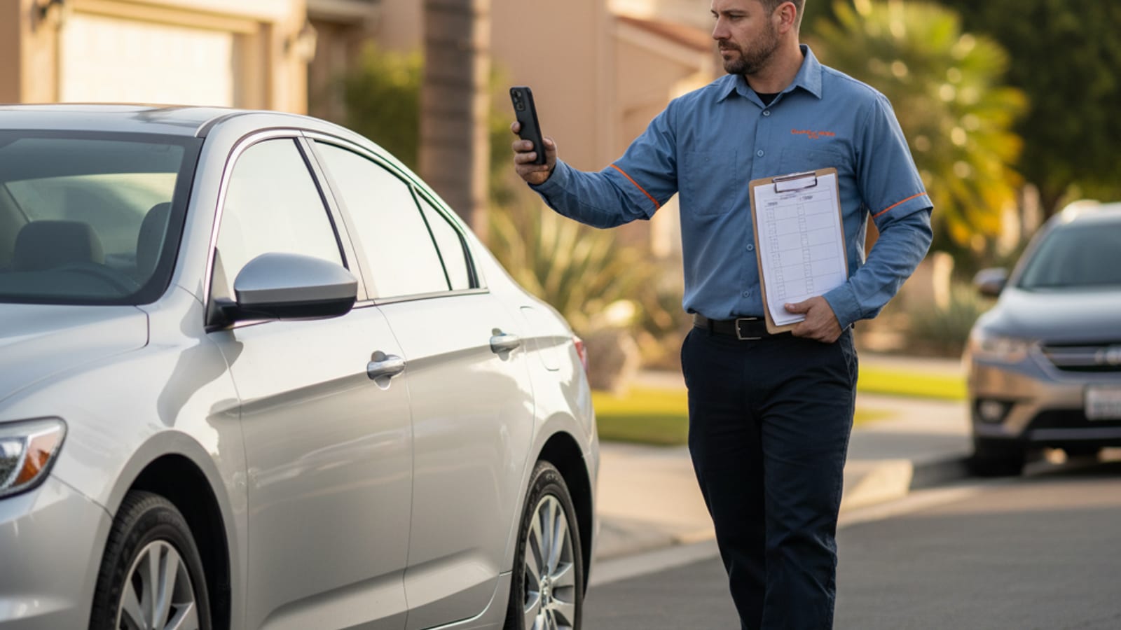 Driver walking around their vehicle making notes before a scheduled tow in a San Diego residential street