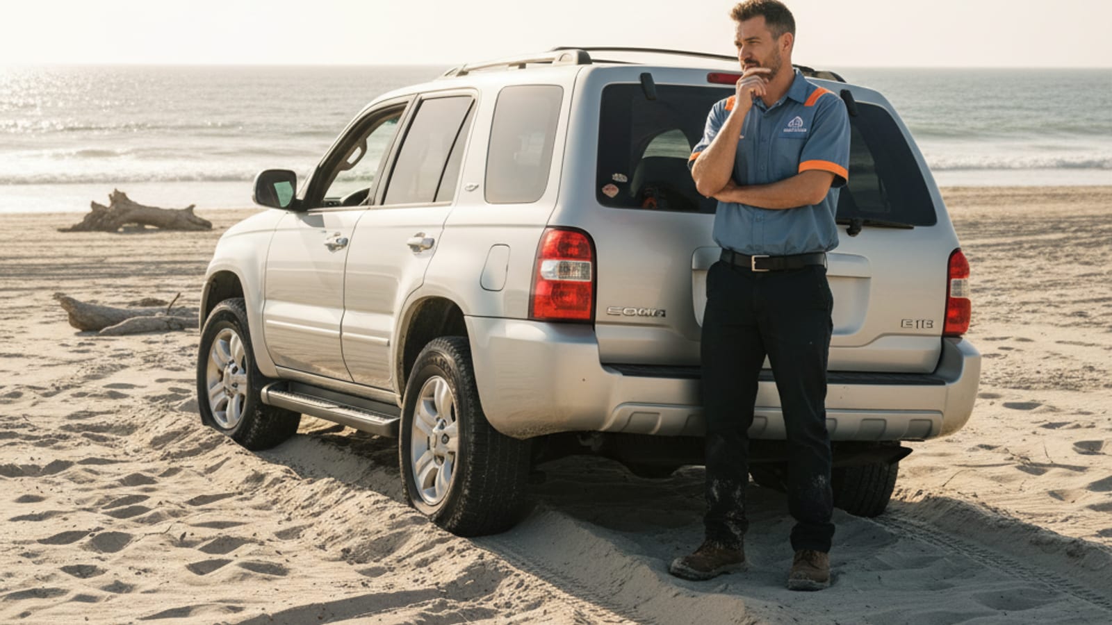 Off-road vehicle stuck in loose sand with visible wheel ruts near a San Diego beach access point