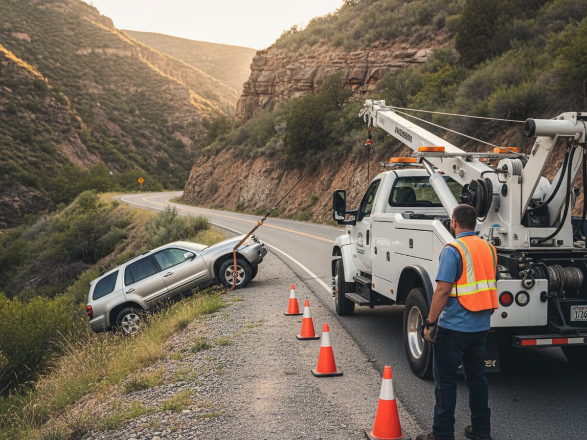 Quick Tow SD wrecker performing a controlled winch-out on a San Diego County canyon road