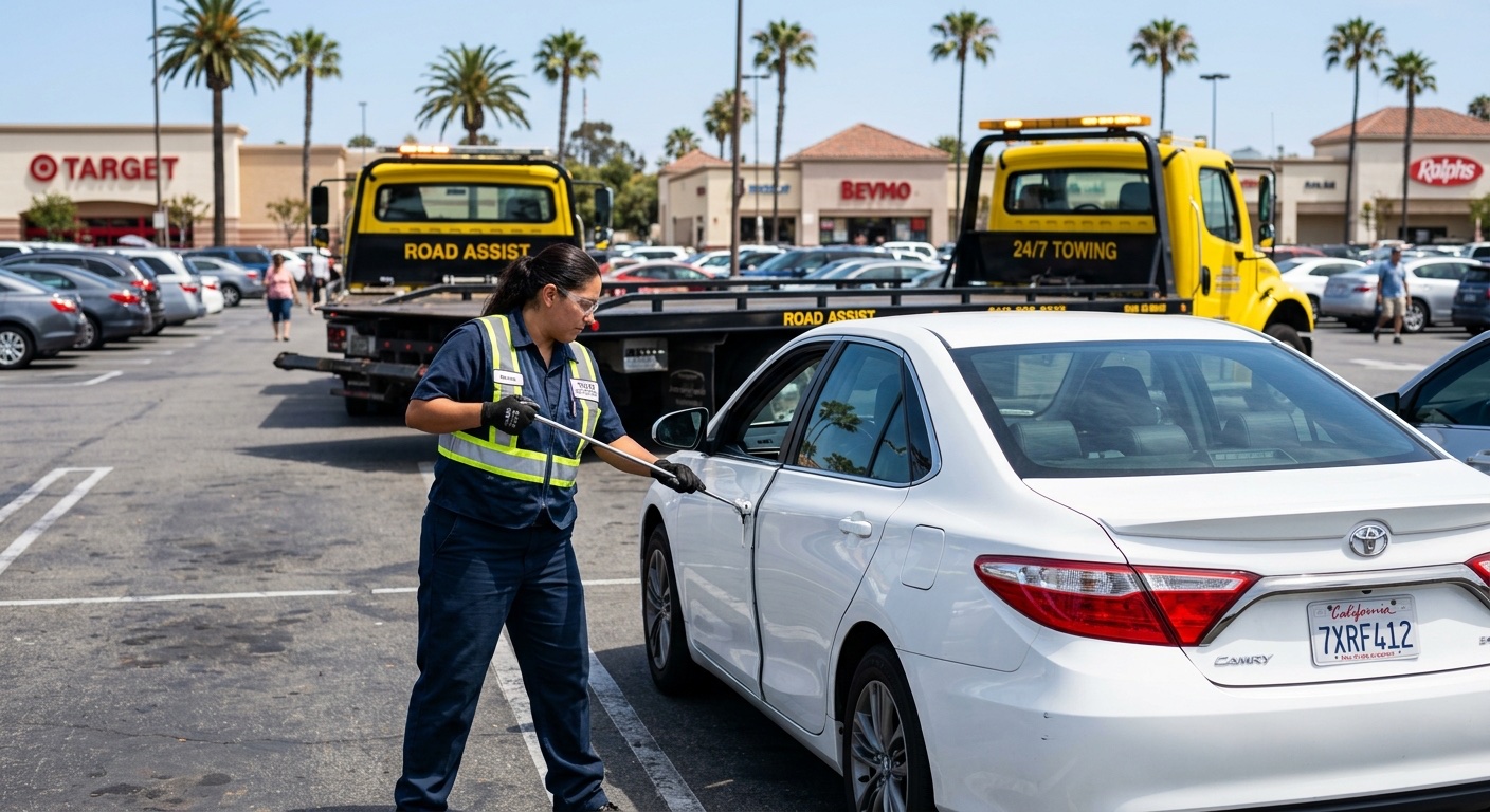 Quick Tow SD technician using a long-reach lockout tool to unlock a sedan in a San Diego shopping center parking lot
