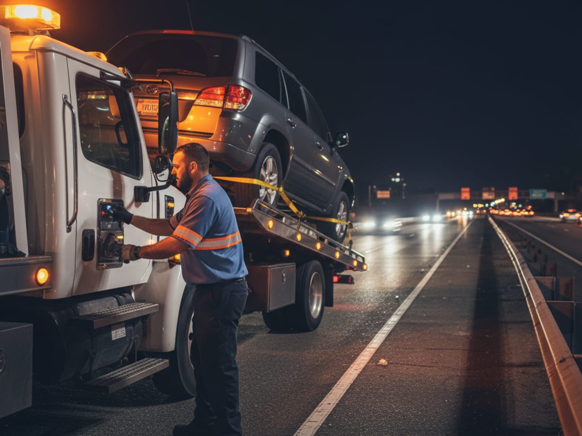 Quick Tow SD flatbed driver loading a disabled SUV on a San Diego freeway shoulder at night