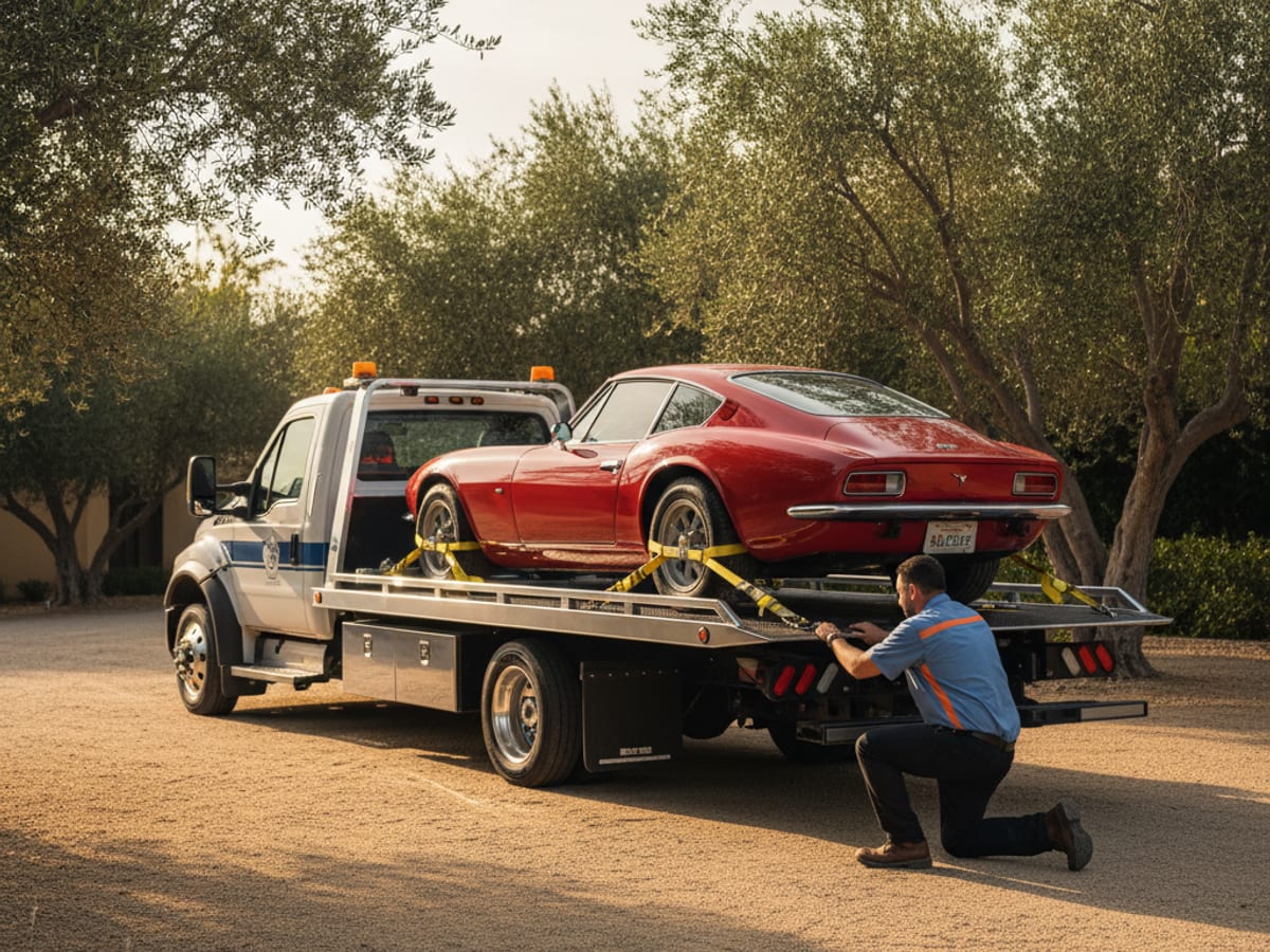 Quick Tow SD low-clearance flatbed carefully loading a classic Porsche with soft-tie wheel nets