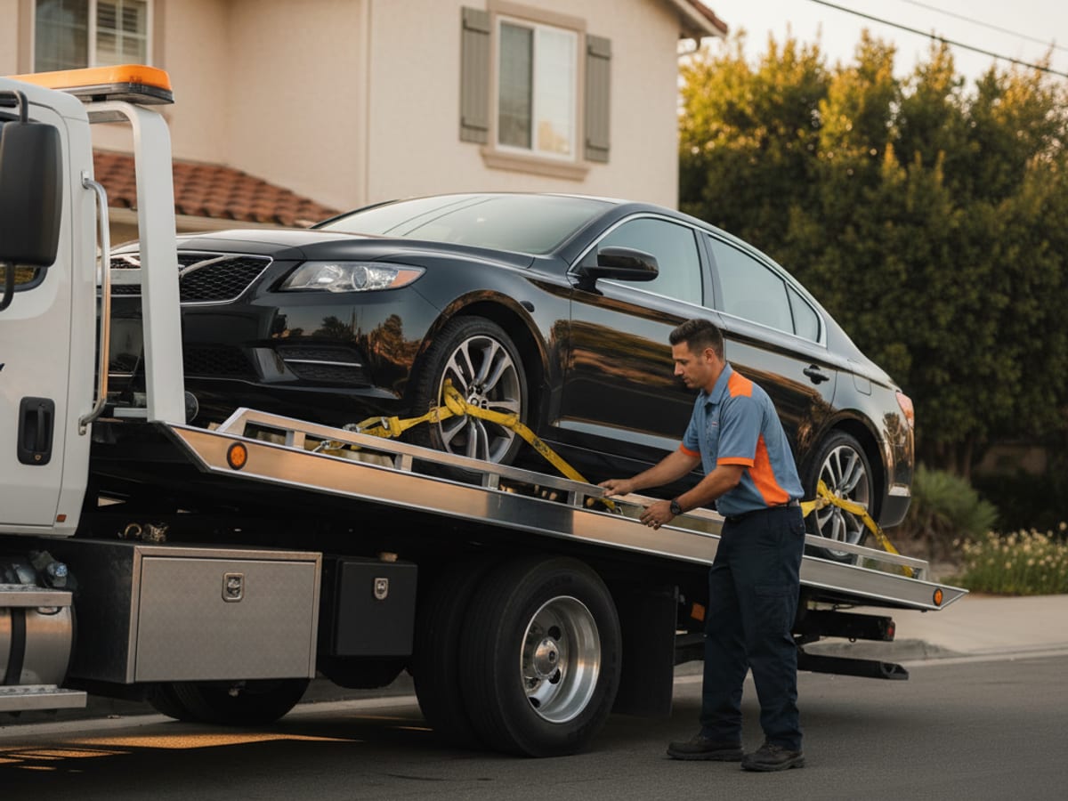 Quick Tow SD rollback flatbed loading a Tesla with soft straps in a San Diego residential street