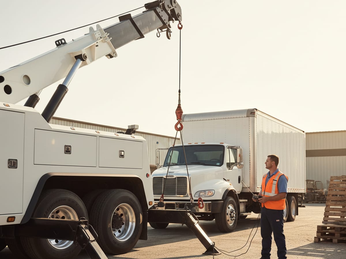 Quick Tow SD Class 7 heavy wrecker hooking a commercial box truck on a San Diego industrial lot