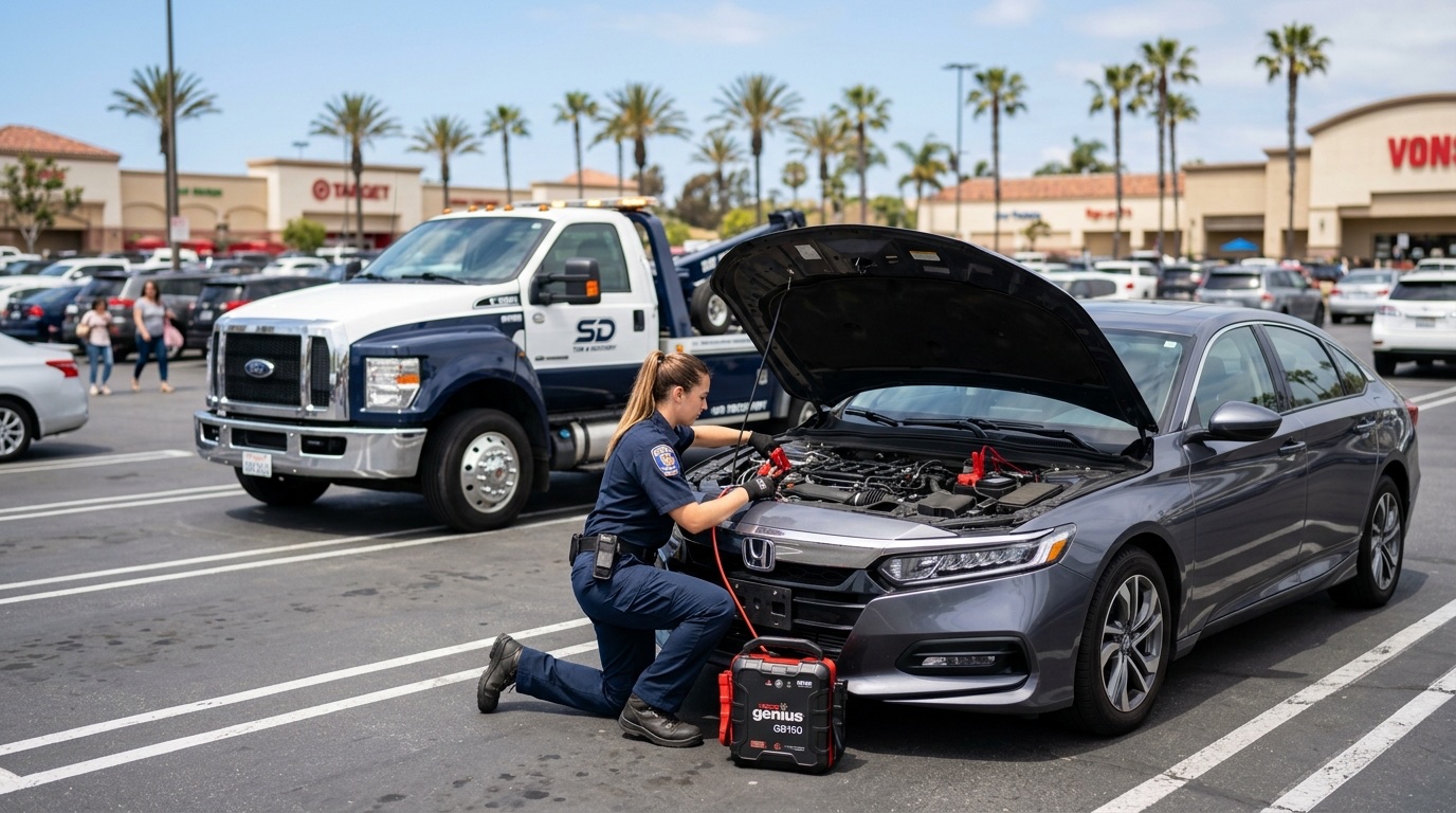 Quick Tow SD technician connecting a commercial jump pack to a dead battery in a San Diego parking lot during daylight