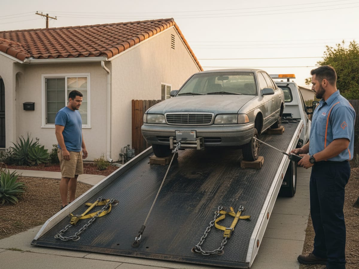 Quick Tow SD flatbed loading a non-running sedan from a San Diego residential side yard